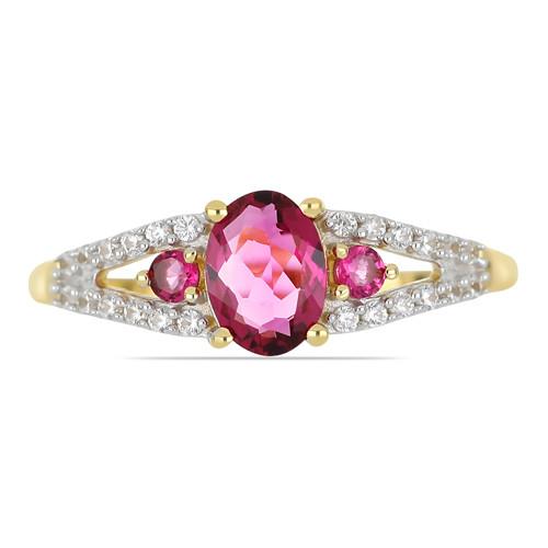 BUY 14 K GOLD REAL RUBELLITE GEMSTONE THREE STONES RING